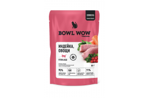 BOWL WOW Влажный корм для стерилизованных кошек, кусочки в желе: индейка, овощи, 85 г