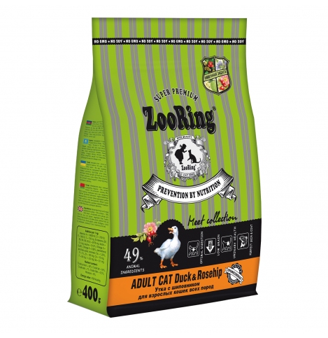 ZooRing ADULT CAT DUCK ROSEHIP Утка с шиповником. Полнорационный сухой корм для взрослых кошек всех пород, 400г