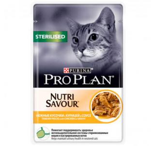 PRO PLAN NUTRISAVOUR STERILISED Консервированный корм для стерилизованных кошек и кастрированных котов, с курицей в соусе, 85г