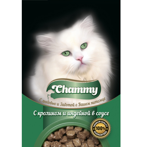 Chammy Консервированный корм для кошек с кроликом и индейкой в соусе, 85г