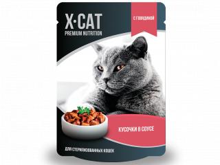 X-CAT Корм консервированный полнорационный для взрослых кошек. Кусочки с говядинойг  в соусе для стерилизованных кошек, 85г