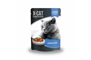 X-CAT Корм консервированный полнорационный для взрослых кошек. Кусочки с сельдью и форелью в соусе, 85г