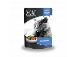 X-CAT Корм консервированный полнорационный для взрослых кошек. Кусочки с сельдью и форелью в соусе, 85г