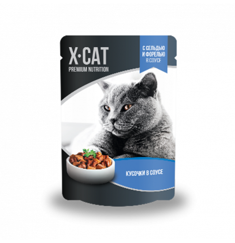 X-CAT Корм консервированный полнорационный для взрослых кошек. Кусочки с сельдью и форелью в соусе, 85г