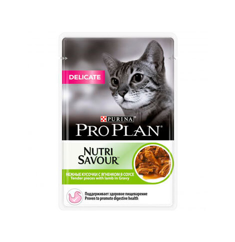 PRO PLAN NUTRISAVOUR Delicate Консервированный корм для кошек с чувствительным пищеварением, с ягненком в соусе, 85г