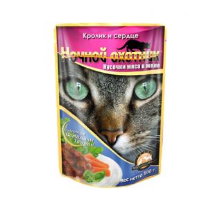 Ночной охотник консервы для кошек кролик, сердце кусочки в желе, 100гр.