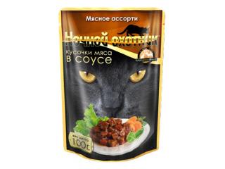 Ночной охотник консервы для кошек мясное ассорти кусочки в соусе, 100гр.