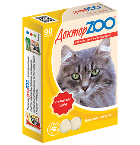 Доктор ZOO, витамины для кошек со вкусом сыра и биотином, уп. 90 табл.