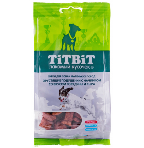 TiTBiT Хрустящие подушечки с начинкой со вкусом говядины и сыра для маленьких пород,  95 г